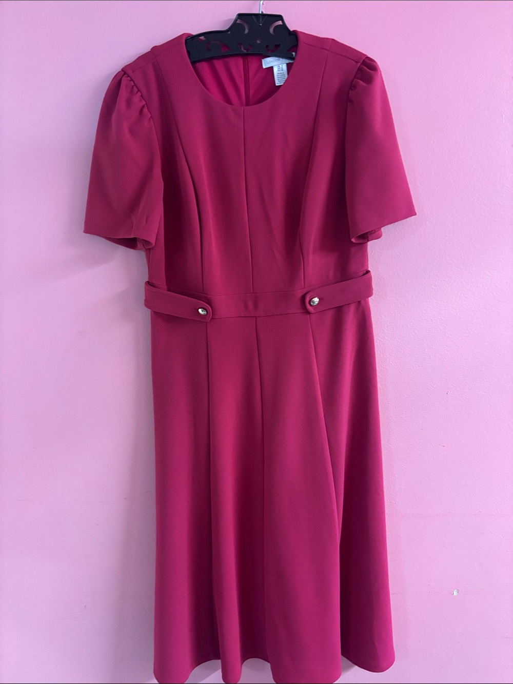 Raspberry Fit-and-Flare Midi Dress with Decorative Waist Tabs